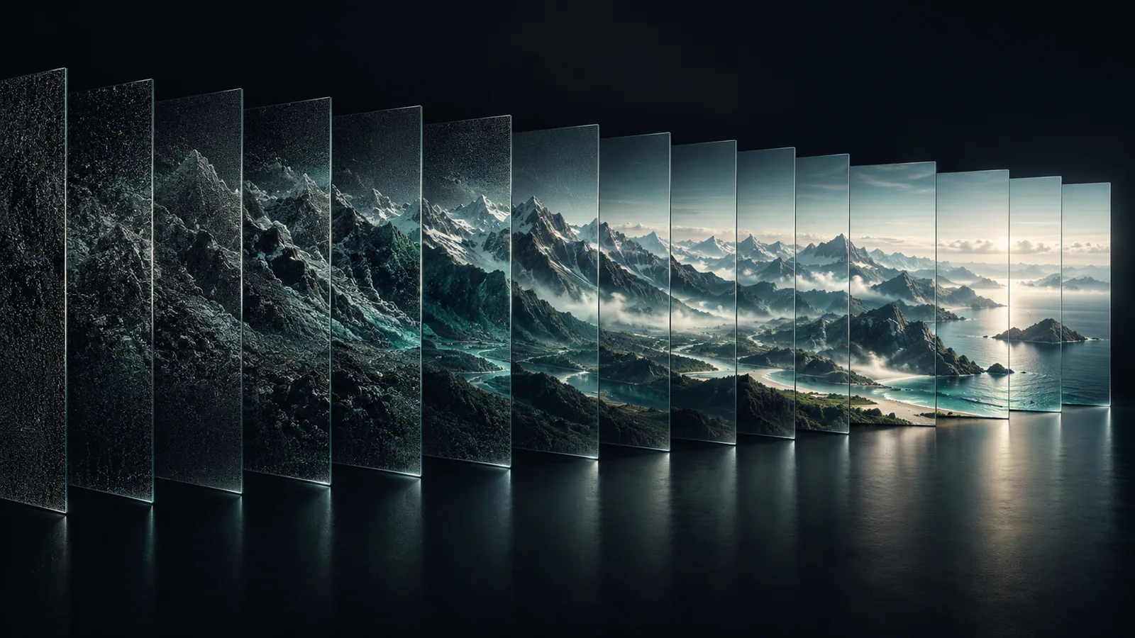 A continuous mountain landscape emerging from textured surfaces across an ordered sequence of translucent frames — an original denoise concept.