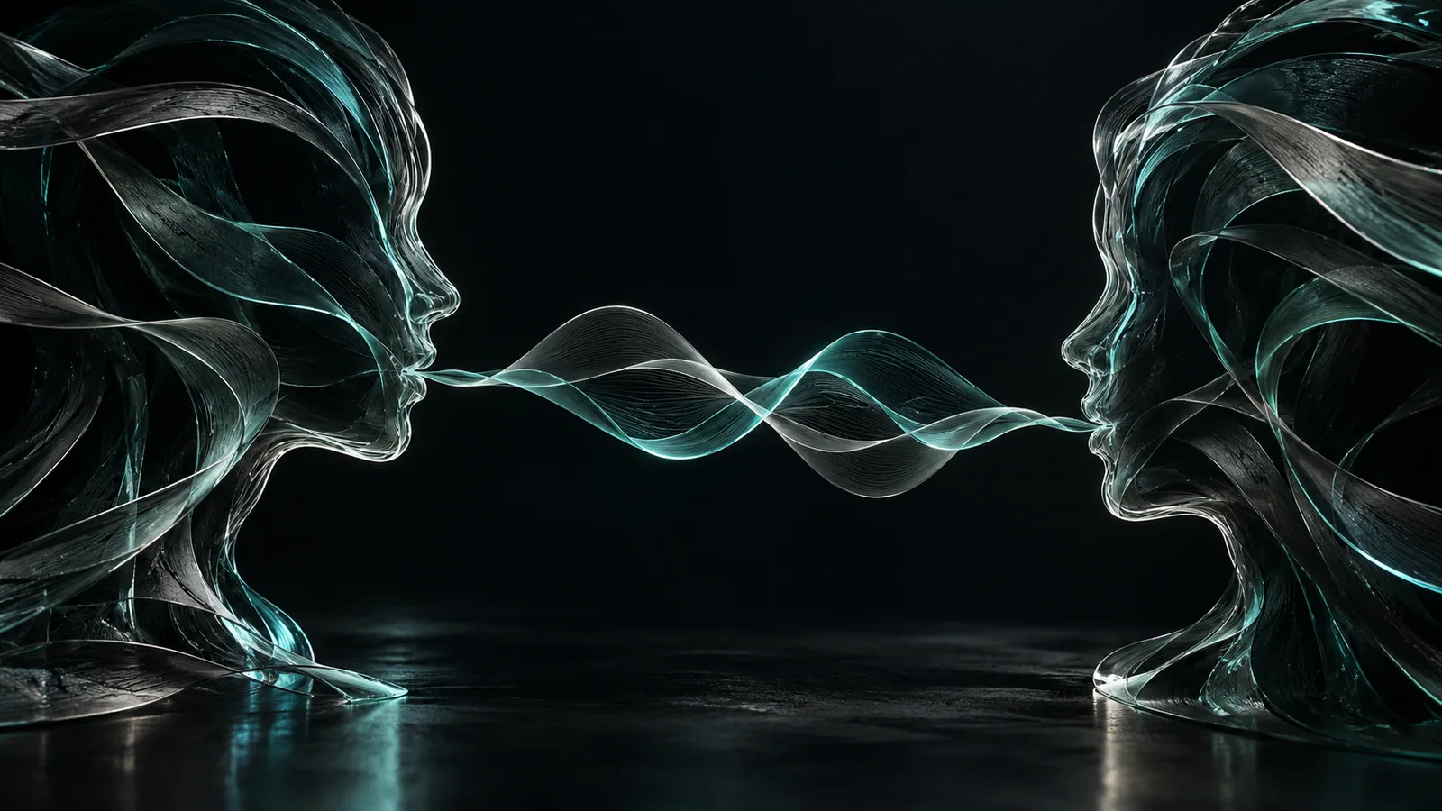 Two abstract human profiles formed from glass ribbons, connected by a flowing wave that suggests conversation.