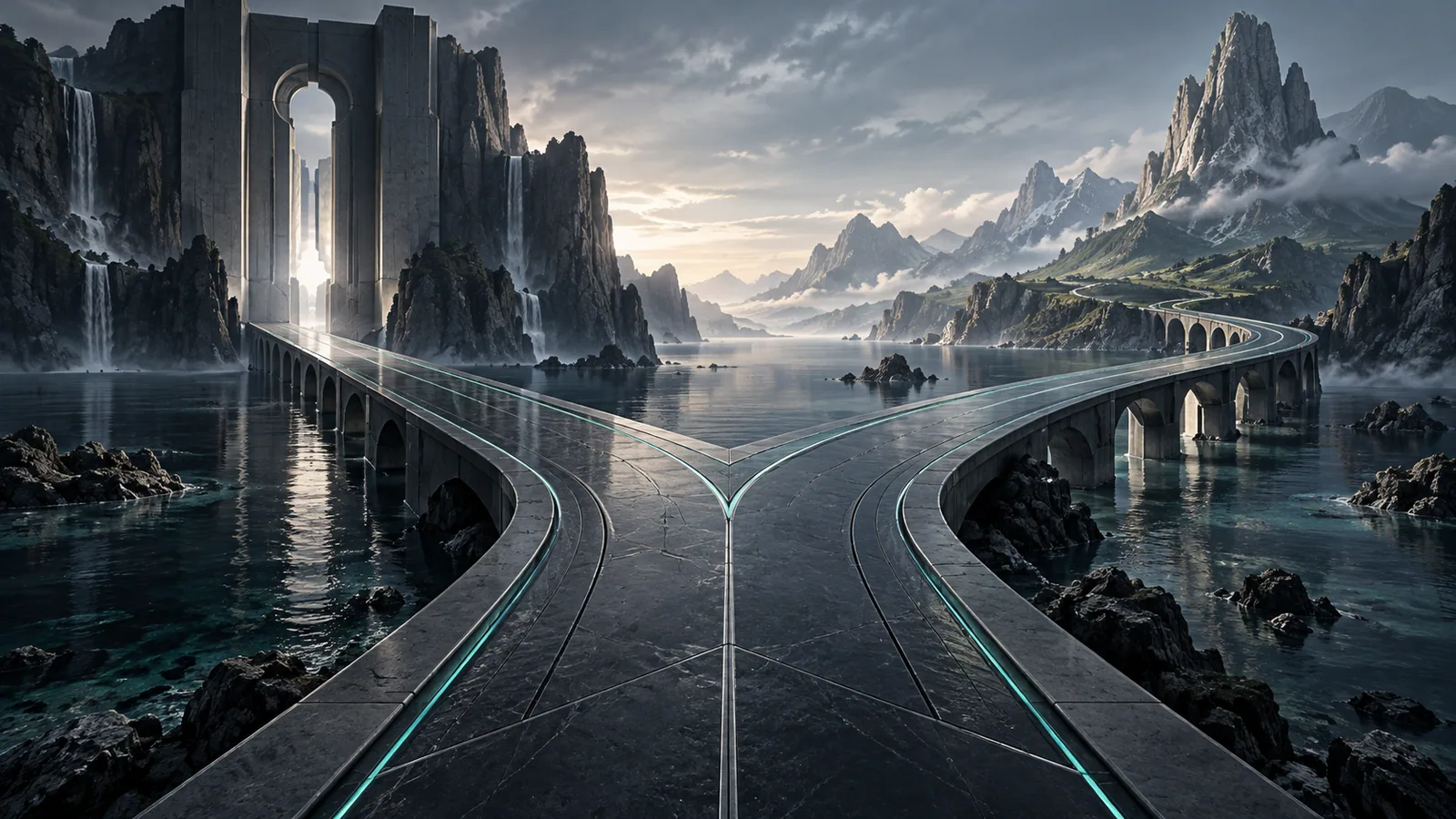 Two branching paths across a quiet sea, leading toward a monumental doorway and an open mountain landscape.